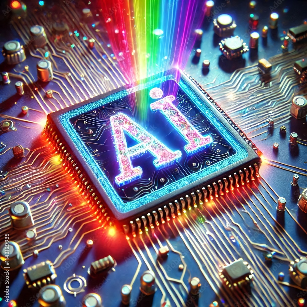Poster AI word on microchip and colorful light spread with strong beam	