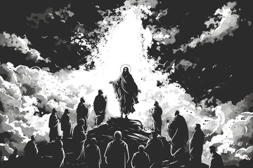 Man in a white robe is holding a cross and standing in front of a group of people. flat vector illustration
