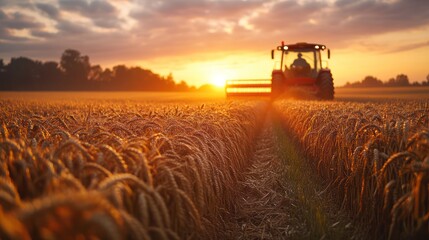 Golden Hour Harvest: Tractor in Wheat Field at Sunset