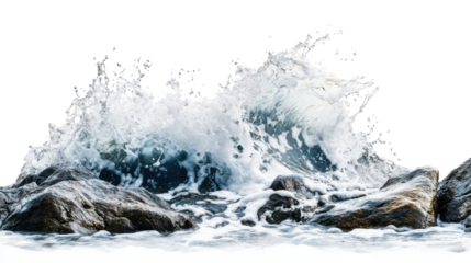 Ocean waves crashing on rocks, transparent background