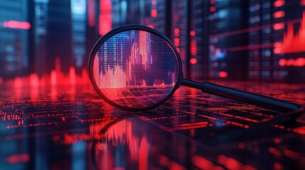 Analysis of data with magnifying focus. Examination of market trends and information. Financial economy exploration, digital and modern background, technology insight. Investment data stock research,