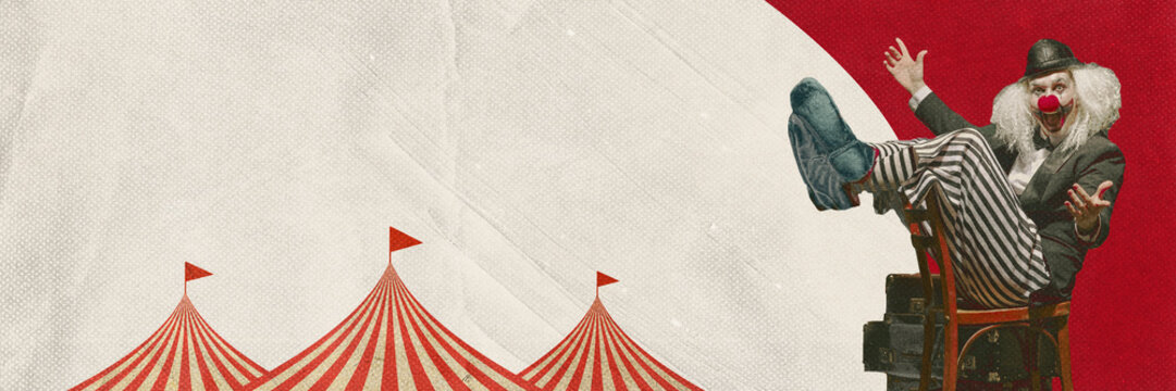 Clown in striped pants and oversized shoes sitting playfully on chair with red and white circus tents in background. Contemporary art. Concept of retro circus, theater, performance. Poster, banner, ad