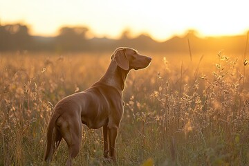 A brown dog stands proudly in a lush field of tall green grass
