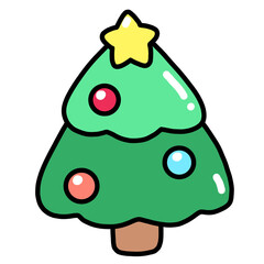 Cute Kawaii Christmas Tree with Ornaments and Star