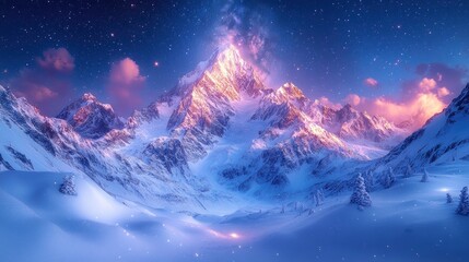 Naklejka premium Majestic Winter Mountainscape Under a Starlit Sky