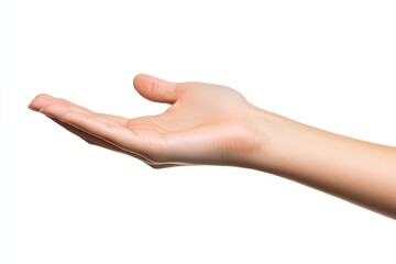 A womans hand reaches out toward something on a white background