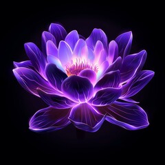 Vibrant purple lotus flower is blooming on a black background, radiating with an ethereal glow