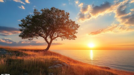Lone tree on a hill during vibrant sunset with clouds