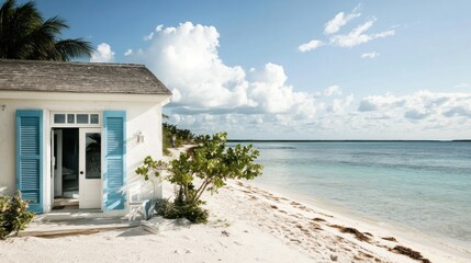 Fototapeta premium White Cottage on a Sandy Beach with Turquoise Waters