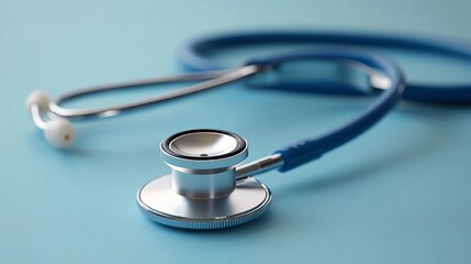 Close-up of a stethoscope on a blue surface.