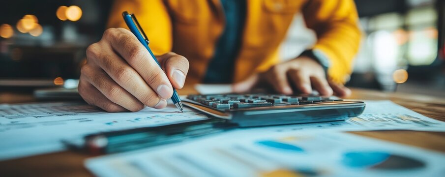 Tax deduction planning concept. Businessman calculating business balance prepare tax reduction, Generative AI