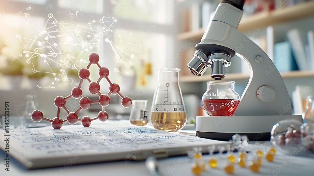 Poster a clean and professional image showcasing molecular models arranged on a laboratory table with scien