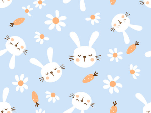 Fototapeta Seamless pattern with bunny rabbit cartoons, carrot and daisy flower on blue background vector.