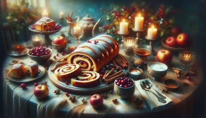 Fototapeta premium Cozy holiday atmosphere featuring a table set with flaky apple cake, winter decor, candles, and festive treats, creating a warm seasonal setting perfect for gatherings and celebrations.