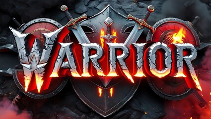 Fiery warrior text with swords and shields on dark background.