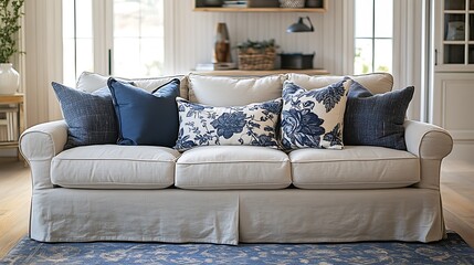 Beige Sofa Decorated With Blue And White Throw Pillows
