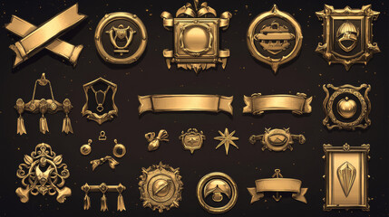 Golden game avatar frames, award badges, level ui icons. Empty gold banners with red ribbons. Isolated bonus graphic elements, reward, trophy achievement and prize Cartoon vector illustration, set
