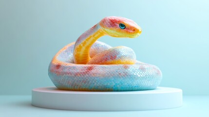 Fototapeta premium 3D artwork of a snake sculpture with pastel tones on white pedestal