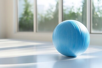 Blue exercise ball in sunny room with large windows, shadows on floor