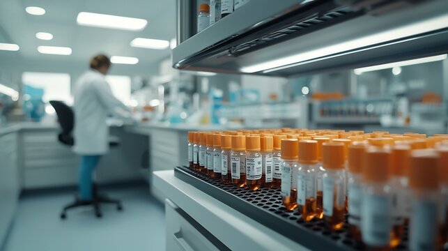 A clean and modern shot of a row of pipettes on a lab stand with a researcher s hands working diligently in the background showcasing the tools and environment of scientific research and analysis