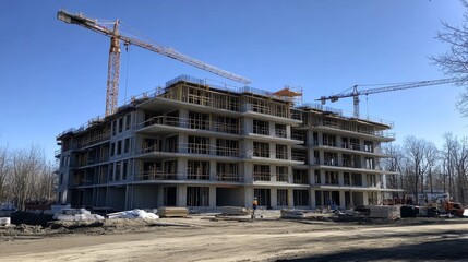 Unfinished building construction site with cranes and blue sky