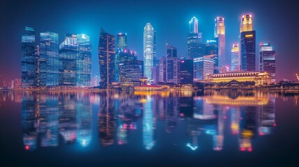 Modern city skyline with skyscrapers reflecting in water at night