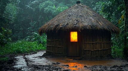 Illuminated hut in a rain-soaked jungle.
