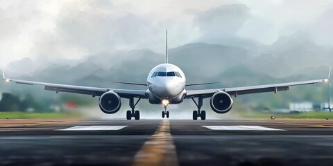 Airplane landing on runway. Jet approaches for takeoff in aviation context. Flight and travel at airport, transport setting, international journey with commercial aircraft against scenic sky and