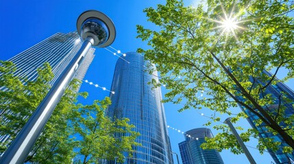 Modern skyscrapers surrounded by lush green trees under a bright sunny sky.