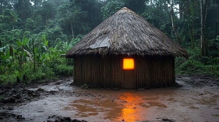Round hut in rainforest, lit window, muddy ground.