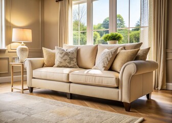 Elegant Beige Sofa Mockup: Cozy Living Room Close-Up Photography