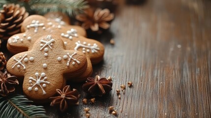 christmas gingerbread cookies on rustic wooden background with copy space