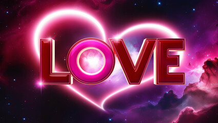 Glowing neon heart-shaped LOVE text on cosmic background.