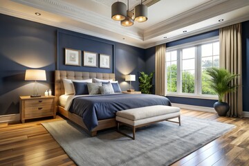 Elegant Dark Blue Bedroom Design: Low Profile Gray Headboard, White Trim, Worm's Eye View