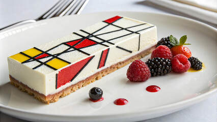 colorful dessert featuring layers of cream, fruit, and geometric design, garnished with berries and sauce
