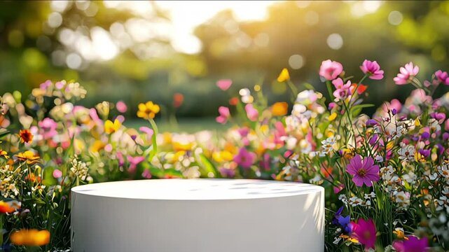 Podium flower product white 3d spring table beauty stand display nature white. Garden floral background cosmetic field scene gift day