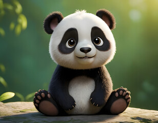 closeup shot of beautiful 3d panda cartoon character blurry background in the forest nature concept wildlife  