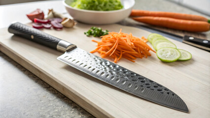 sharp kitchen knife rests on wooden cutting board with fresh vegetables like carrots, radishes, and cucumber, ready for meal preparation