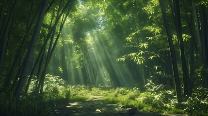 Fototapeta premium A dense bamboo forest with golden sunlight filtering through the leaves, creating a magical and peaceful atmosphere in the quiet woods.