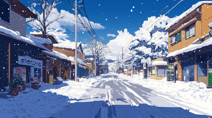 winter street landscape with trees and snow Japanese house road