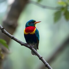 Obraz premium A bird with a green and red face and a red eye.