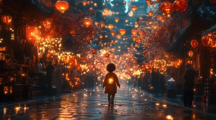 Fototapeta premium Enchanted Lantern Festival: A Child's Journey Through a Dreamlike Asian City