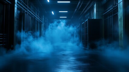 A dimly lit hallway filled with fog and blue light.