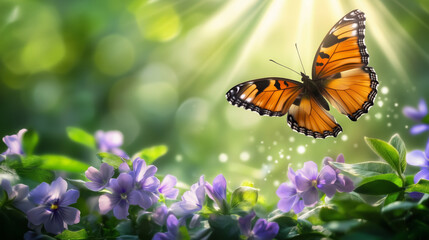 Obraz premium A butterfly in flight over purple flowers in a sunlit meadow..