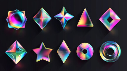 Holographic stickers, hologram labels of different shapes. Round, square, star, notched circle, pentahedron and hexahedron rainbow foil or silver blank shiny emblems, Realistic 3d vector patches set