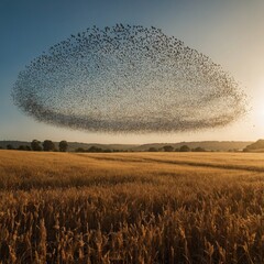 A flock of starlings flying in formation over a golden field.

