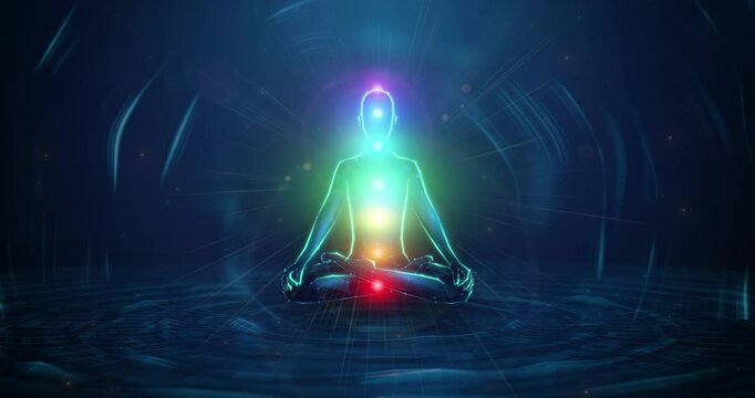 Abstract looped animation of low poly human figure sitting in lotus yoga pose with glowing chakra points over wireframe circular water waves. Meditation, yoga and mental health care animated concept