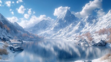 Serene winter landscape; snow-capped mountains reflected in a calm lake.