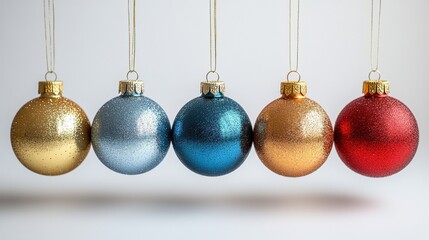 colorful christmas ornaments hanging on a white wall