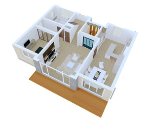 house plan blueprint, 3d iso rendering illustration of a modern single house plan layout
